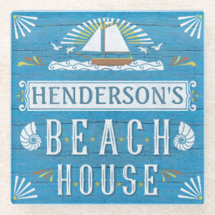 Beach House Nautical Sailboat Shells Custom Name 2 Glass Coaster