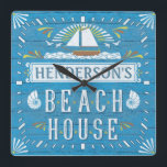 Beach House Nautical Sailboat Shells Custom Name 2 Square Wall Clock<br><div class="desc">This elegant, personalised beach house square clock will add a unique custom touch to your coastal decor. The one-of-a-kind design is made to resemble blue wood grain with white text and elegant flourishes in shades of brown and golden yellow. At the top, the design includes a sailboat on the waves,...</div>