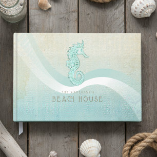 Beach House Nautical Seahorse Aqua Blue ID623 Guest Book
