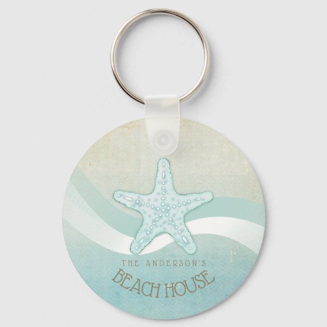 Beach House Nautical Starfish Aqua Blue ID623 Key Ring (Front)