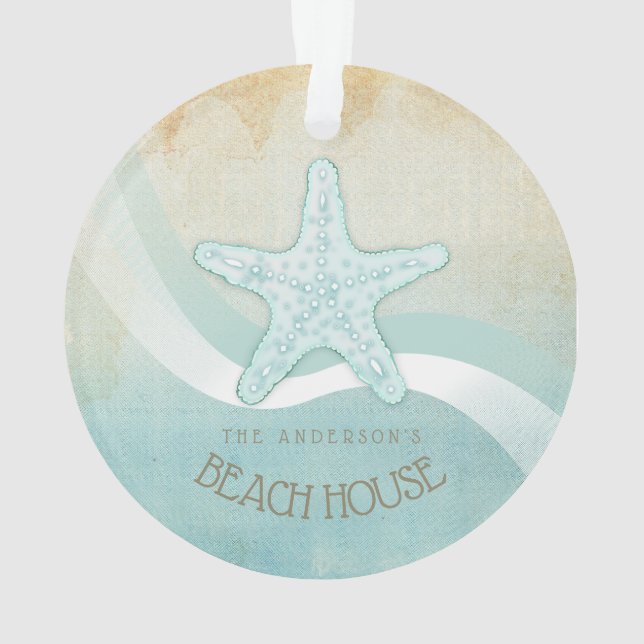 Beach House Nautical Starfish Aqua Blue ID623 Ornament (Back)