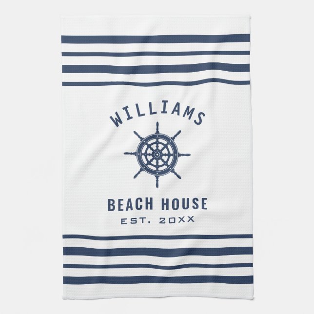 Beach House Navy Blue White Nautical Family Name Tea Towel (Vertical)