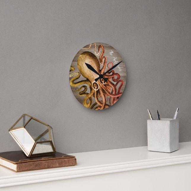 Beach House Octopus Rustic Nautical Wall Art  Round Clock (Office)