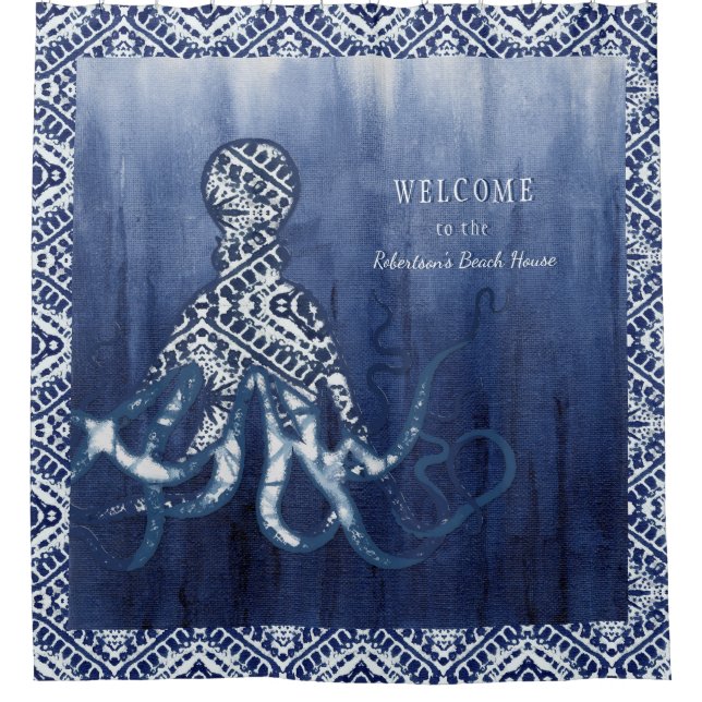 Beach House Octopus Shibori Ombre Pattern Indigo Shower Curtain (Front)