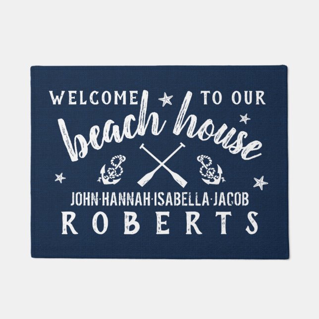 Beach House Paddles Anchors Custom Navy White Doormat (Front)
