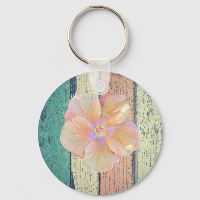 Beach house painted wood oceanside hibiscus key ring (Front)