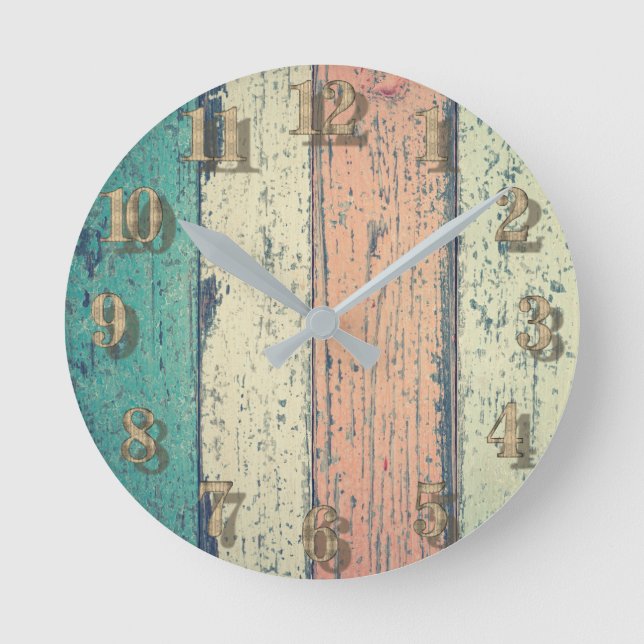 Beach house painted wood oceanside striped  round clock (Front)