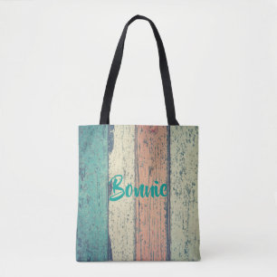 Beach house painted wood oceanside striped tote bag