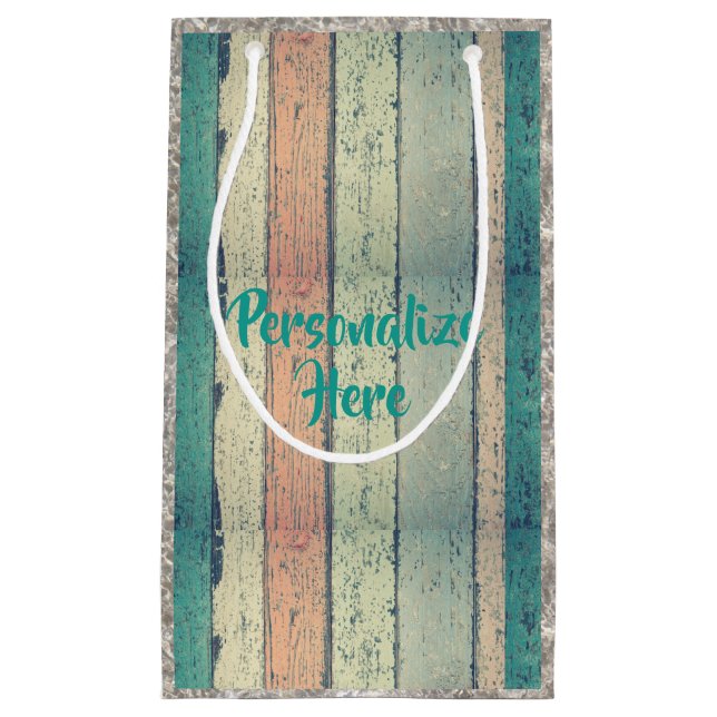 Beach house painted wood striped teal pink sand small gift bag (Front)