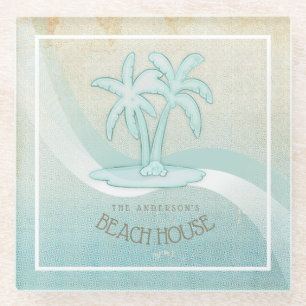Beach House Palm Trees Aqua ID623 Glass Coaster