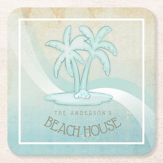 Beach House Palm Trees Aqua ID623 Square Paper Coaster (Front)