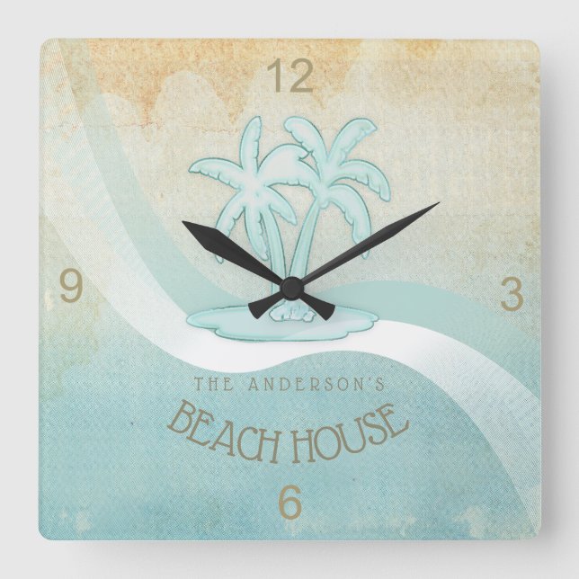 Beach House Palm Trees Aqua ID623 Square Wall Clock (Front)