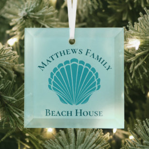 Beach House Personalised Keepsake Blue Seashell Glass Tree Decoration