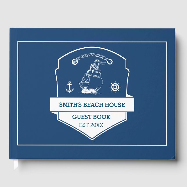 Beach House Personalised Nautical Navy Blue Guest Book (Front)