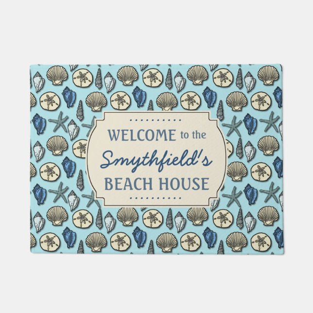 Beach House Personalised Sea Shells Blue Nautical Doormat (Front)