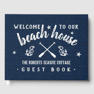 Beach House Personalised Vacation Rental Navy Blue Guest Book