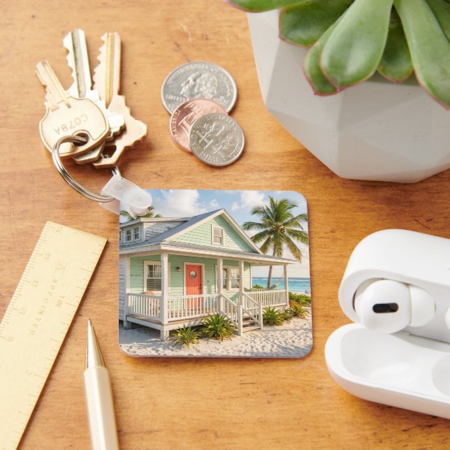 Beach House Photo Neutral Grid Custom Black White Key Ring (Desk)