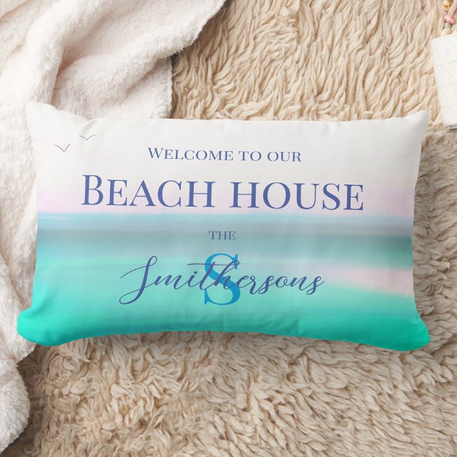 Beach house pillow ocean blue sea Throw Pillow (Creator Uploaded)