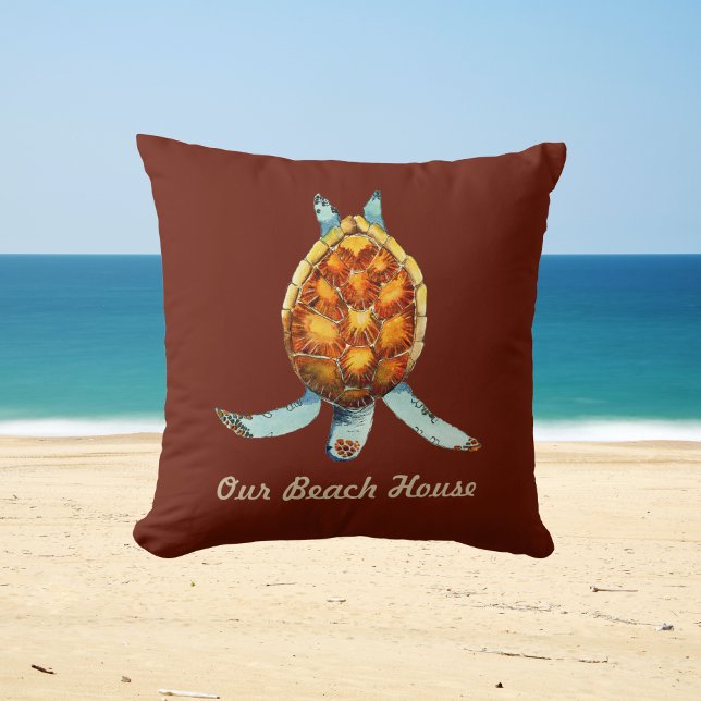Beach House Pillow with Diving Sea Turtle on Brown (Creator Uploaded)