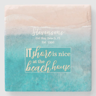 Beach House Pun Elegant Script Custom Family Name Stone Coaster