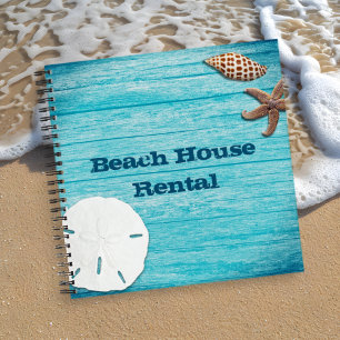 Beach House Rental Blue Wood Seashells Notebook
