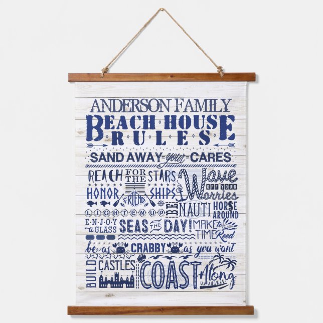 Beach House Rules Blue Coastal Personalised Family Hanging Tapestry (Front)