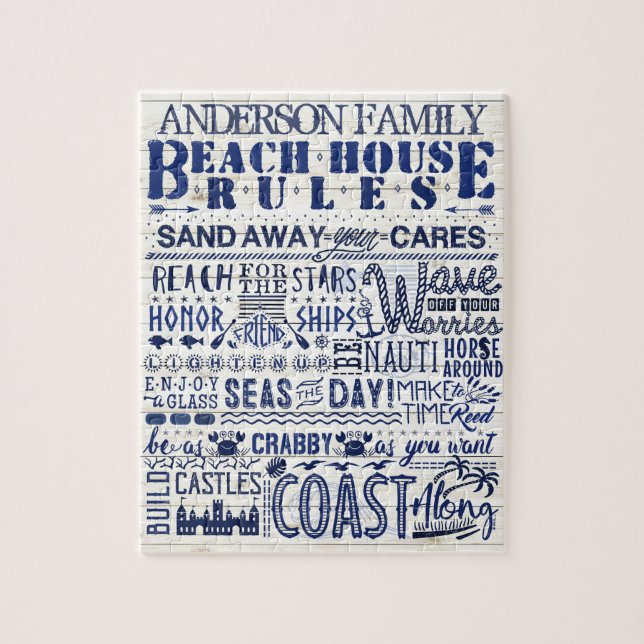 Beach House Rules Navy Blue | Custom Family Sign Jigsaw Puzzle (Vertical)