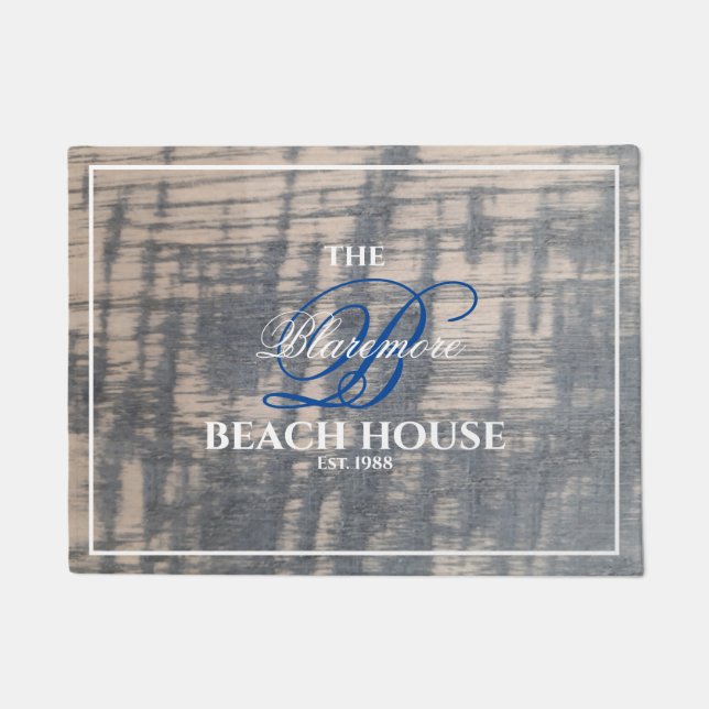 Beach House Rustic Wood Effect White Name Blue Doormat (Front)