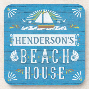 Beach House Sailboat Nautical Shells Personalised Coaster