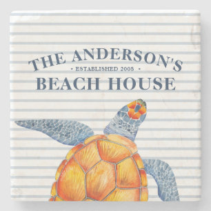 Beach House Sea Turtle Family Name Stone Coaster