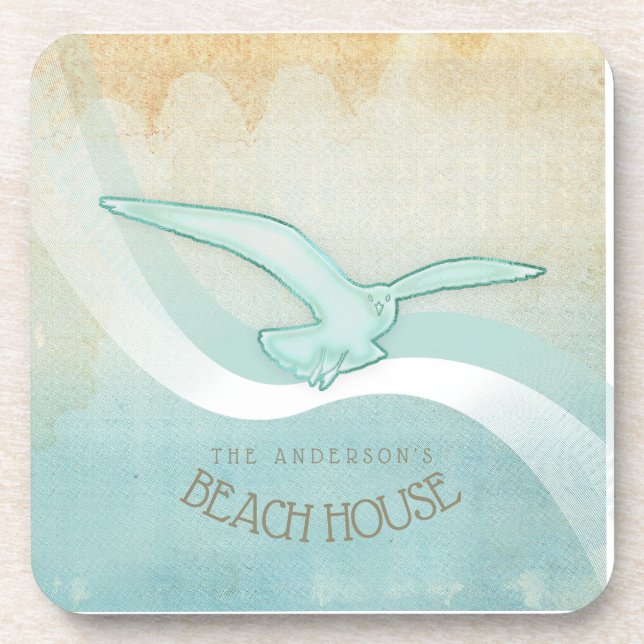 Beach House Seagull Aqua Blue ID623 Coaster (Front)