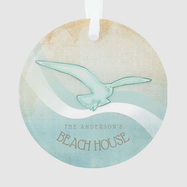 Beach House Seagull Aqua Blue ID623 Ornament (Back)