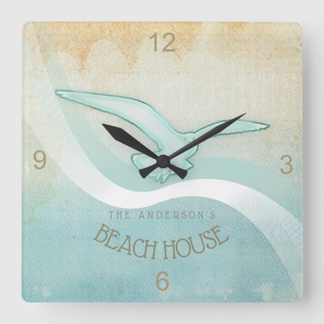 Beach House Seagull Aqua Blue ID623 Square Wall Clock (Front)