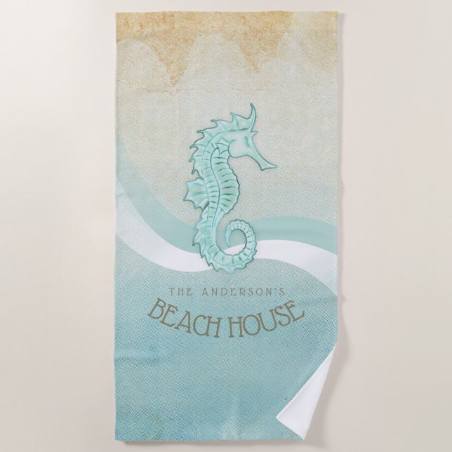 Beach House Seahorse Aqua Blue ID623 Beach Towel (Front)