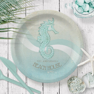 Beach House Seahorse Aqua Blue ID623 Paper Plate