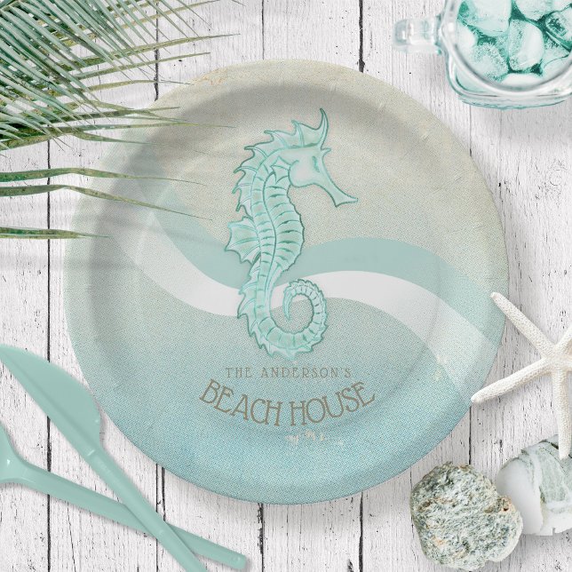 Beach House Seahorse Aqua Blue ID623 Paper Plate (Creator Uploaded)