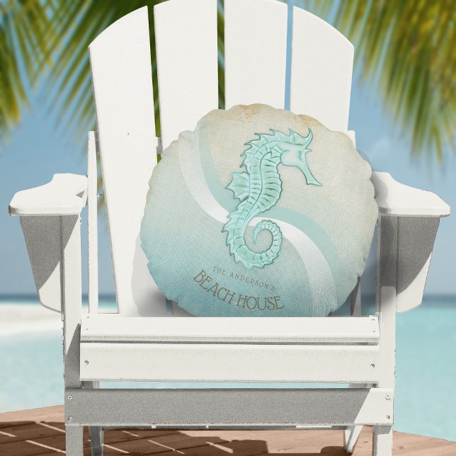Beach House Seahorse Aqua Blue ID623 Round Cushion (Creator Uploaded)