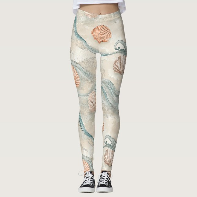 Beach House Seashell Pattern Leggings (Front)