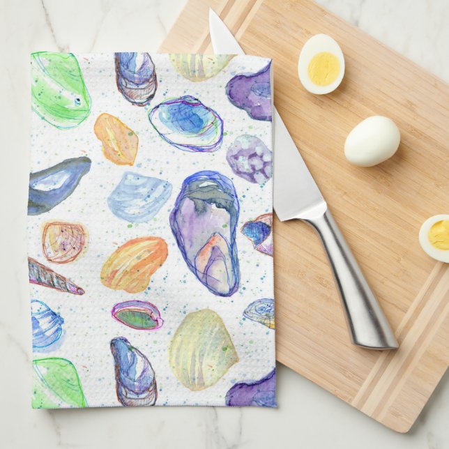 Beach House Seashells Clam Oyster Tea Towel (Quarter Fold)