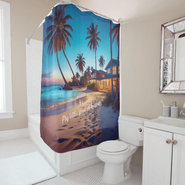 Beach House Shower Curtain Custom Image & Text (In Situ)