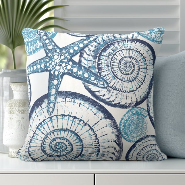 Beach House Starfish Shell Blue White Throw Pillow (Creator Uploaded)
