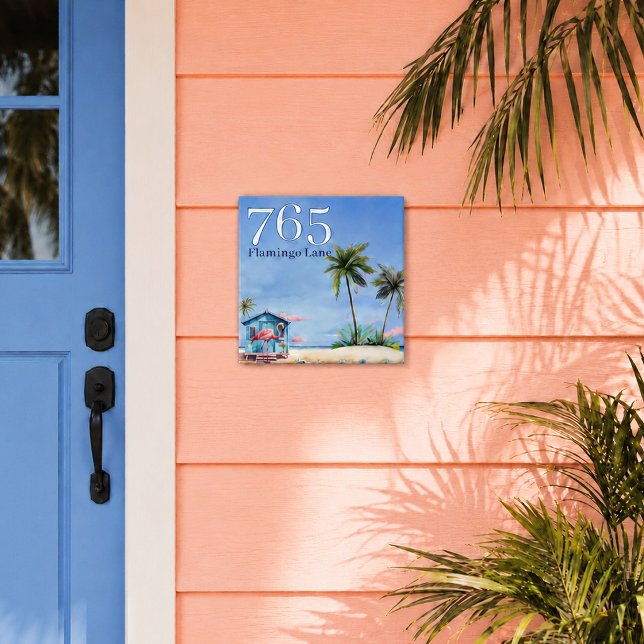 Beach House Street Number Name Coastal Tile (custom beach house number and street name ceramic tile displayed at tropical cottage door)
