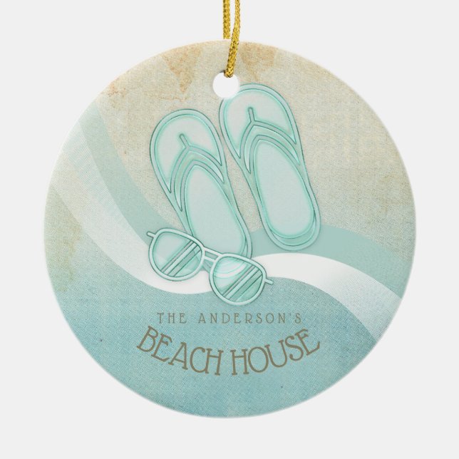 Beach House Sunglasses and Flip Flops Aqua ID623 Ceramic Tree Decoration (Front)