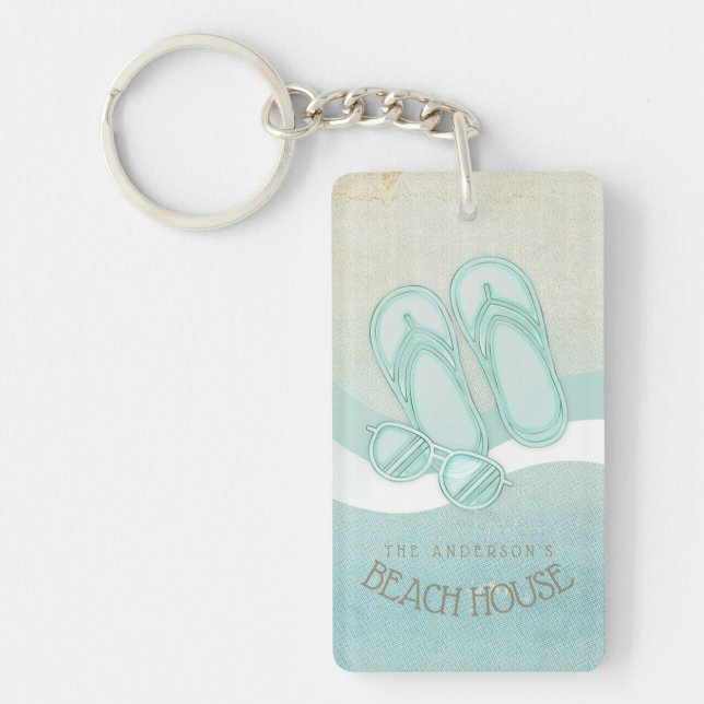Beach House Sunglasses and Flip Flops Aqua ID623 Key Ring (Front)