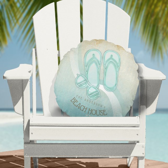 Beach House Sunglasses and Flip Flops Aqua ID623 Round Cushion (Creator Uploaded)