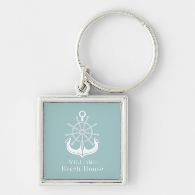 Beach House Teal Family Name Anchor Key Ring (Front)