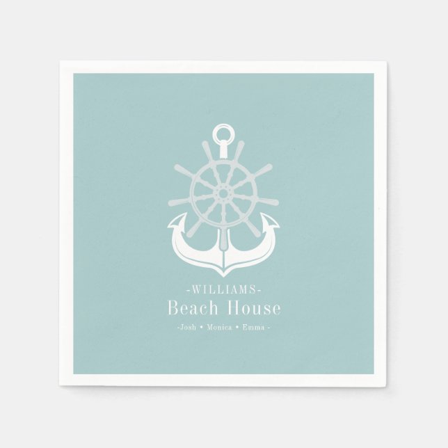 Beach House Teal Family Name Anchor Napkin (Front)
