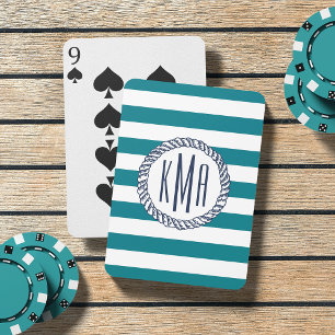 Beach House Teal Stripe & Nautical Navy Monogram Playing Cards