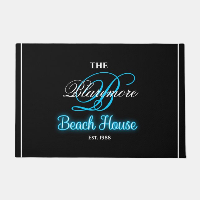 Beach House Turquoise Initial White Name Monogram  Doormat (Front)