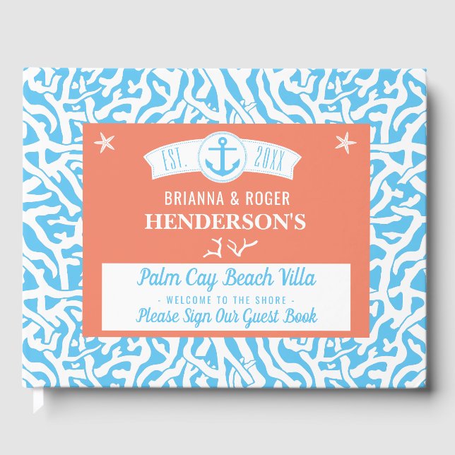 Beach House Vacation Rental Nautical Coral Blue Guest Book (Front)